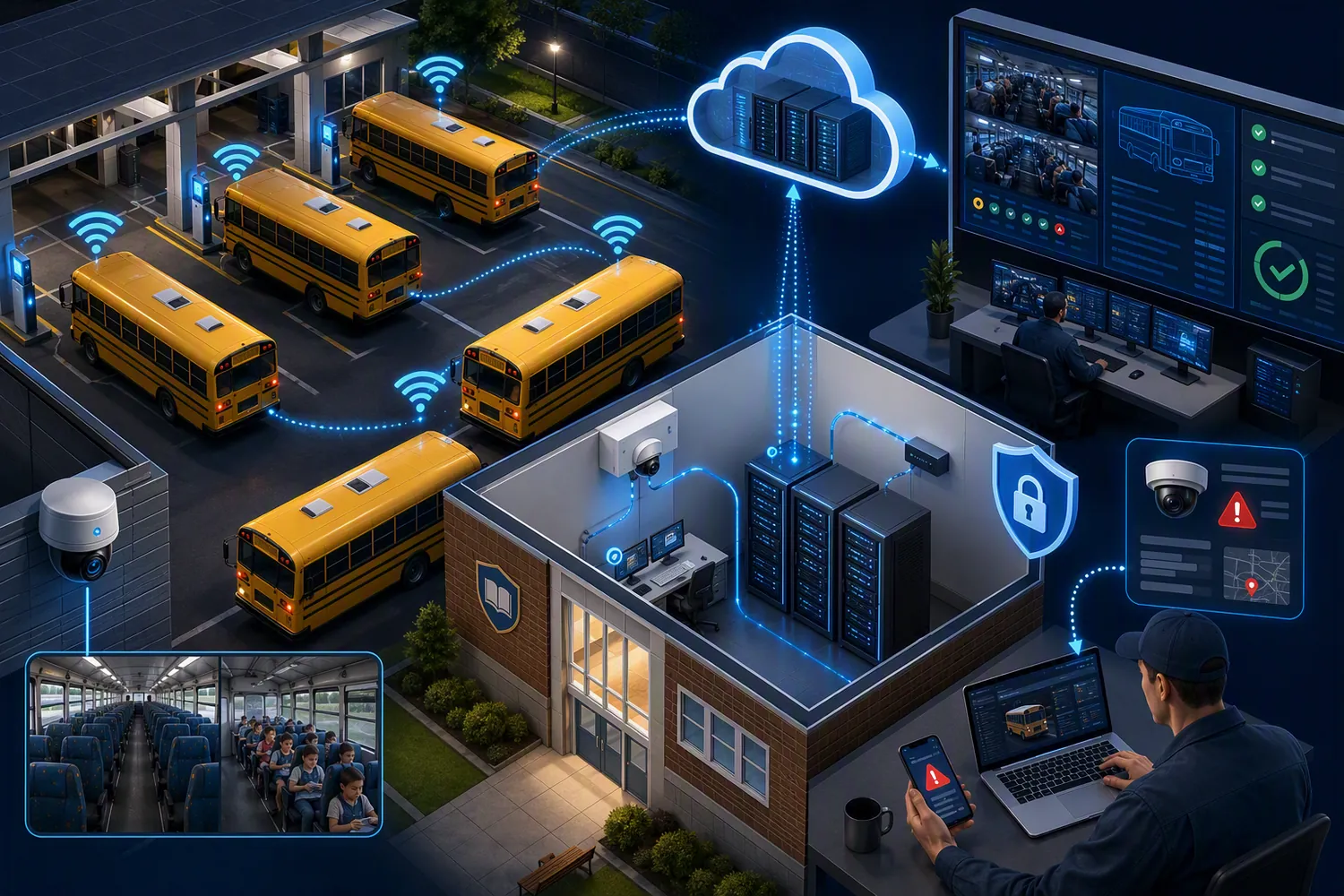 Automatic school bus recording download to an on-premises archive