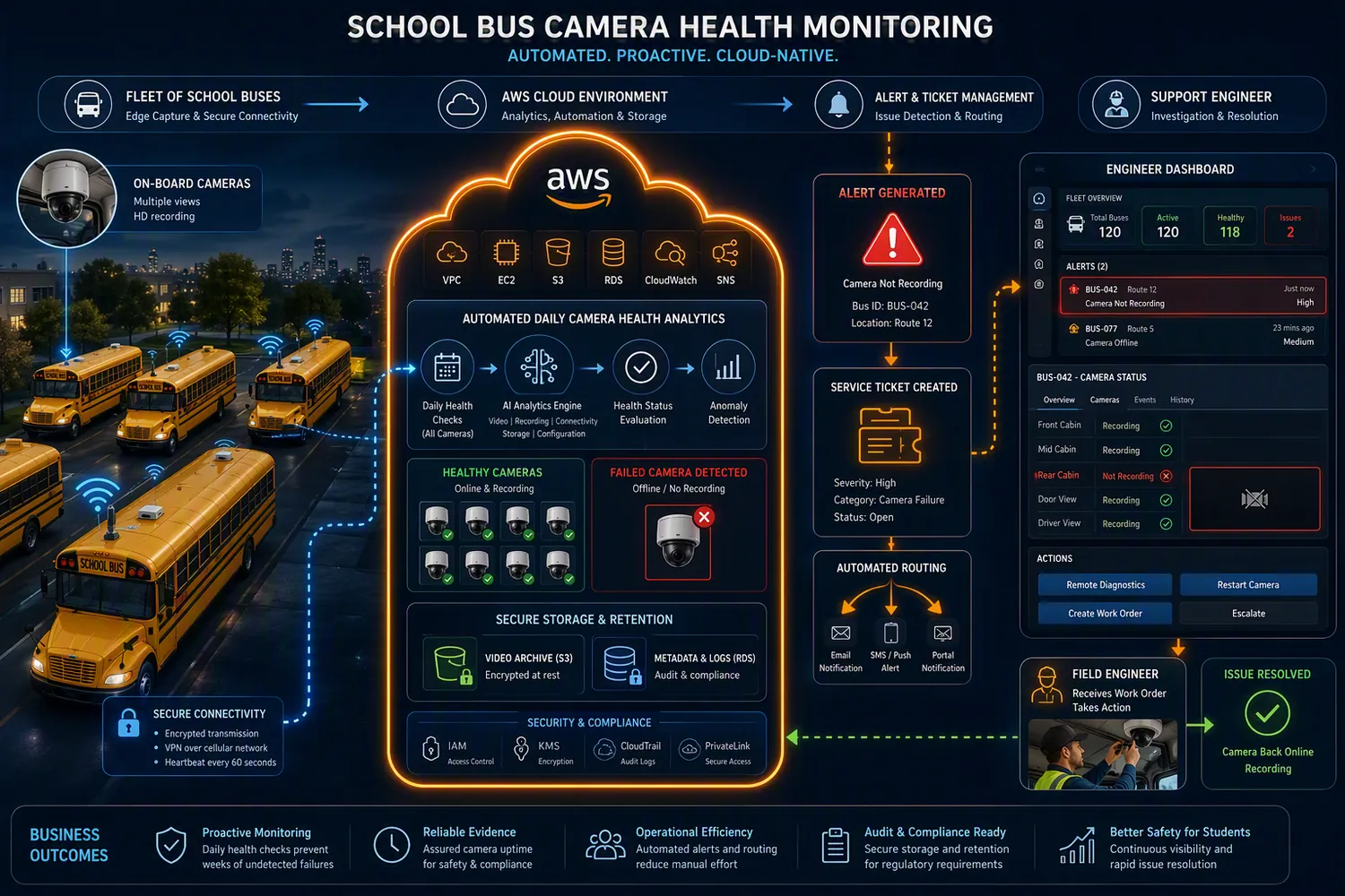 Cloud camera health monitoring for a fleet of school buses